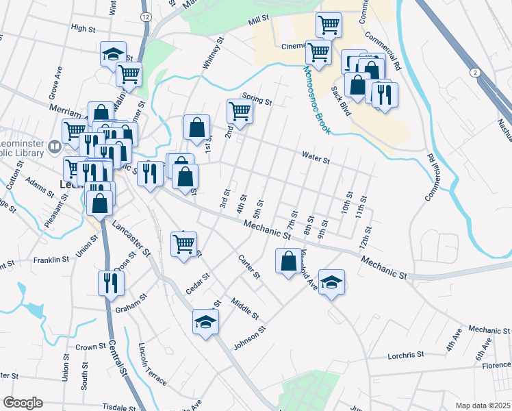 map of restaurants, bars, coffee shops, grocery stores, and more near 218 Mechanic Street in Leominster