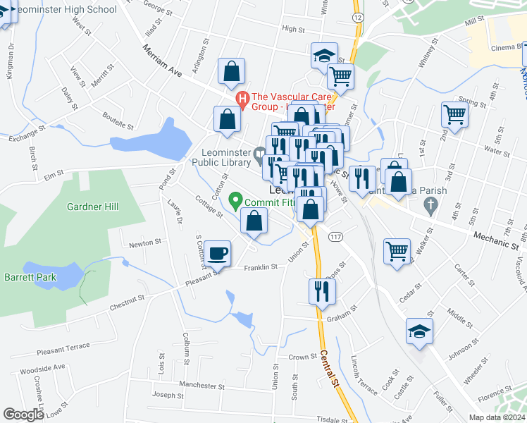 map of restaurants, bars, coffee shops, grocery stores, and more near 70 Pleasant Street in Leominster