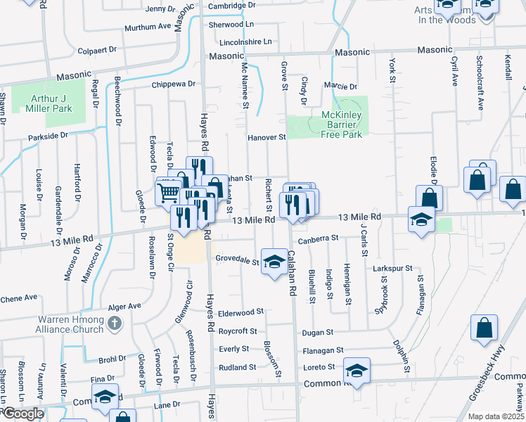 map of restaurants, bars, coffee shops, grocery stores, and more near 30954 Ferntree Street in Roseville