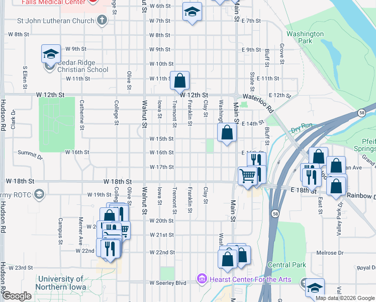map of restaurants, bars, coffee shops, grocery stores, and more near in Cedar Falls