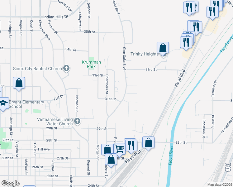 map of restaurants, bars, coffee shops, grocery stores, and more near 1900-1998 31st St in Sioux City