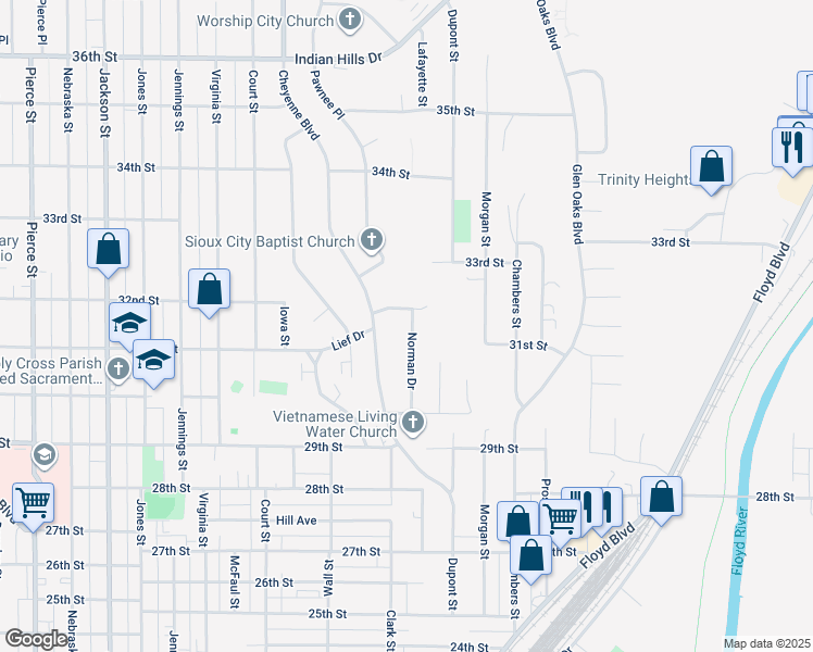 map of restaurants, bars, coffee shops, grocery stores, and more near 3000-3198 Norman Drive in Sioux City