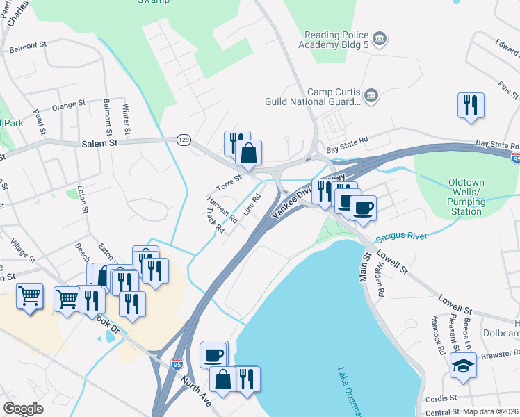 map of restaurants, bars, coffee shops, grocery stores, and more near 18 Line Road in Wakefield