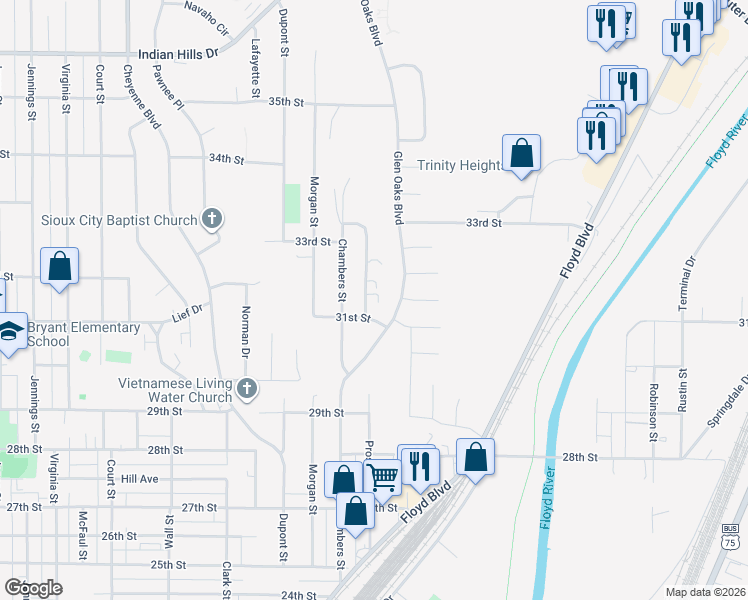 map of restaurants, bars, coffee shops, grocery stores, and more near 1900-1998 31st St in Sioux City