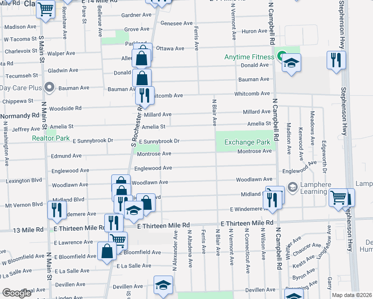 map of restaurants, bars, coffee shops, grocery stores, and more near 1014 Montrose Avenue in Royal Oak