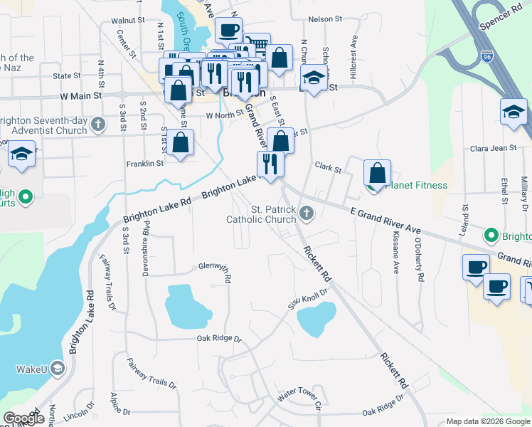 map of restaurants, bars, coffee shops, grocery stores, and more near 750 Rickett Road in Brighton