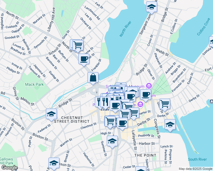 map of restaurants, bars, coffee shops, grocery stores, and more near 242 Bridge Street in Salem