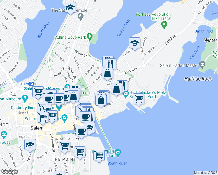 map of restaurants, bars, coffee shops, grocery stores, and more near 3 Carlton Street in Salem