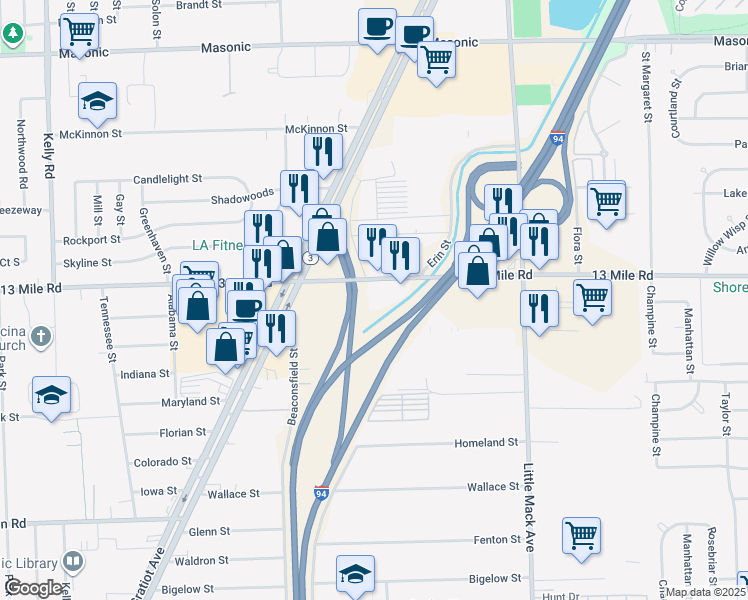 map of restaurants, bars, coffee shops, grocery stores, and more near 20200 13 Mile Road in Roseville