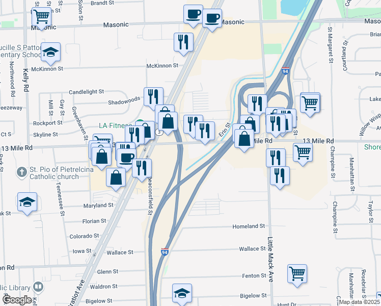 map of restaurants, bars, coffee shops, grocery stores, and more near 20200 13 Mile Road in Roseville