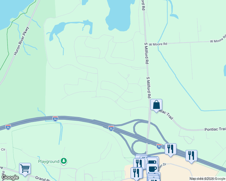 map of restaurants, bars, coffee shops, grocery stores, and more near 4380 Milford Road in Milford Charter Township