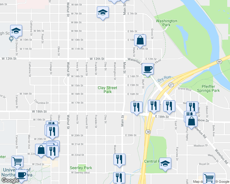 map of restaurants, bars, coffee shops, grocery stores, and more near 1522 Washington Street in Cedar Falls
