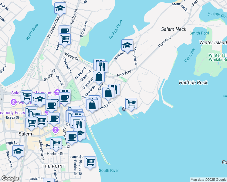 map of restaurants, bars, coffee shops, grocery stores, and more near 74 Derby Street in Salem