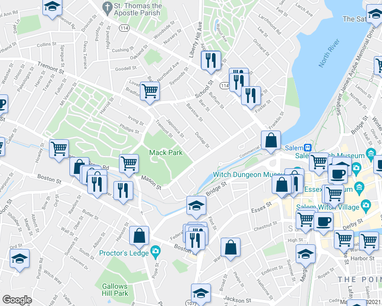 map of restaurants, bars, coffee shops, grocery stores, and more near 65 Mason Street in Salem
