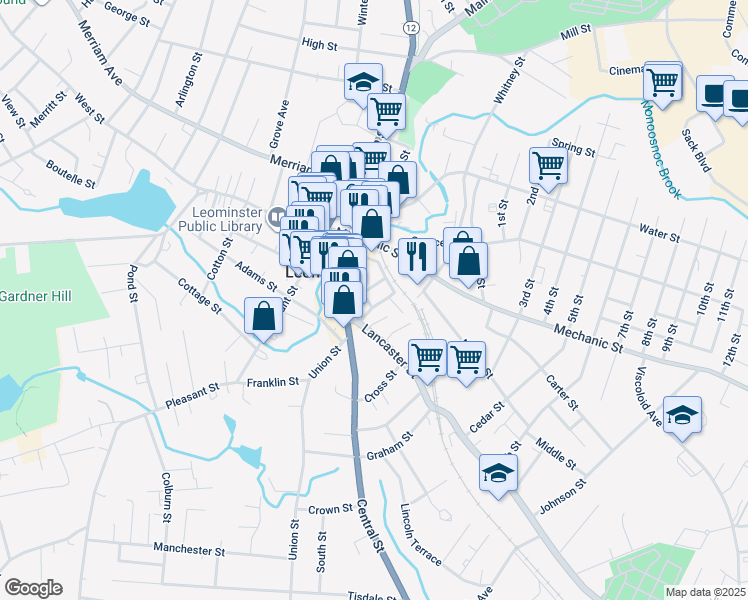 map of restaurants, bars, coffee shops, grocery stores, and more near 0 Steeple View Way in Leominster