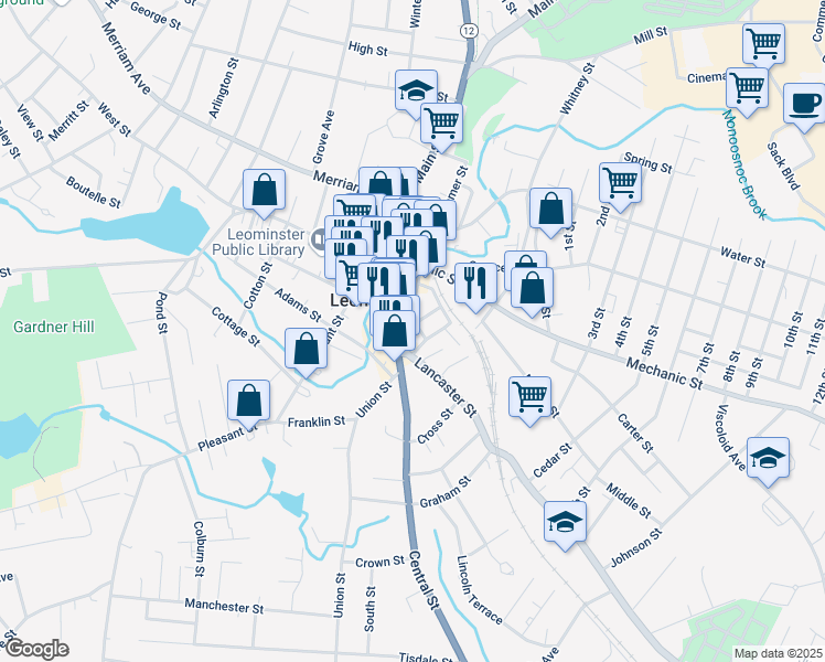 map of restaurants, bars, coffee shops, grocery stores, and more near 64 Central Street in Leominster