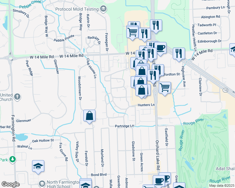 map of restaurants, bars, coffee shops, grocery stores, and more near 31825 Lakeside Drive in Farmington Hills