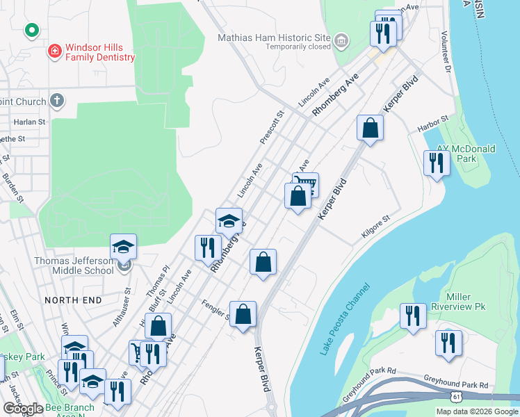 map of restaurants, bars, coffee shops, grocery stores, and more near 1901-1999 Decatur St in Dubuque