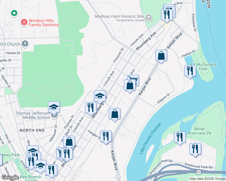map of restaurants, bars, coffee shops, grocery stores, and more near 1901-1999 Decatur St in Dubuque