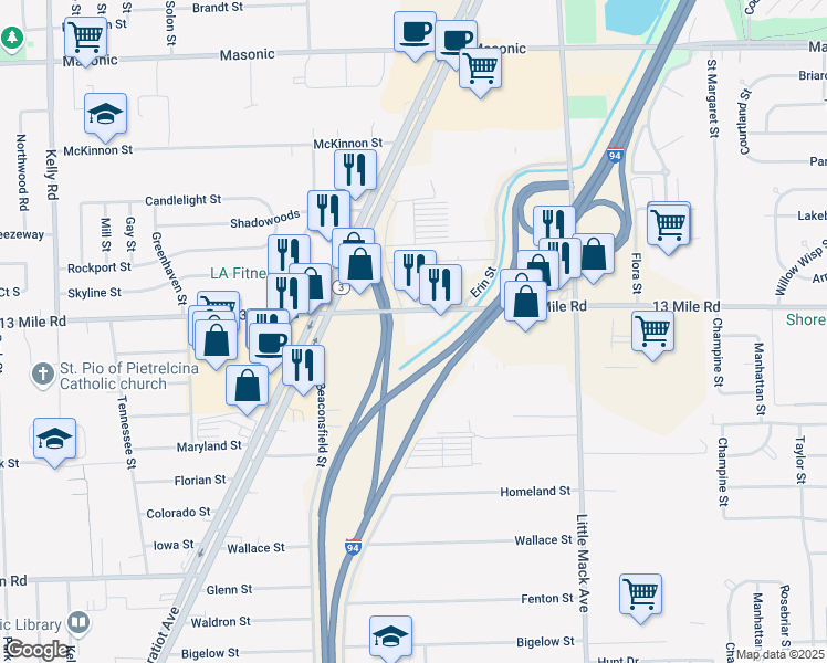 map of restaurants, bars, coffee shops, grocery stores, and more near 20200 East 13 Mile Road in Roseville