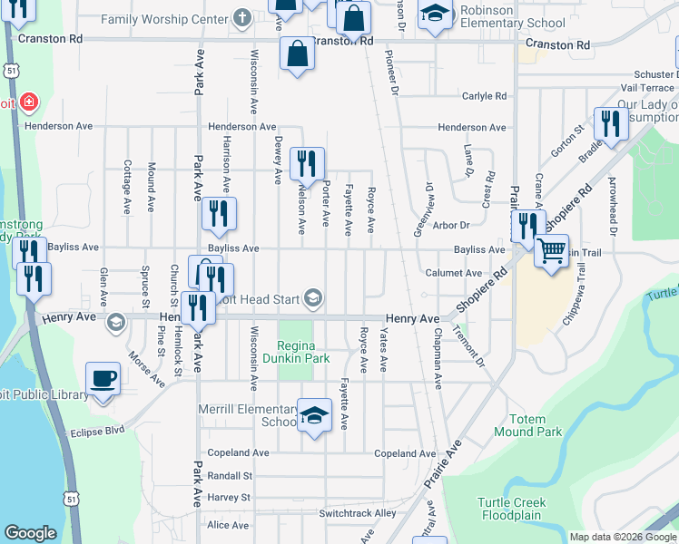 map of restaurants, bars, coffee shops, grocery stores, and more near 1831 Porter Avenue in Beloit