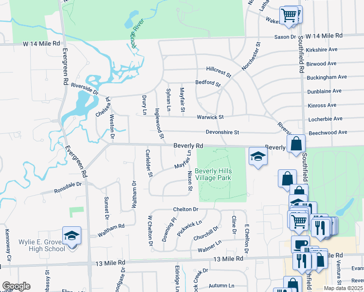 map of restaurants, bars, coffee shops, grocery stores, and more near 18801 Beverly Road in Beverly Hills