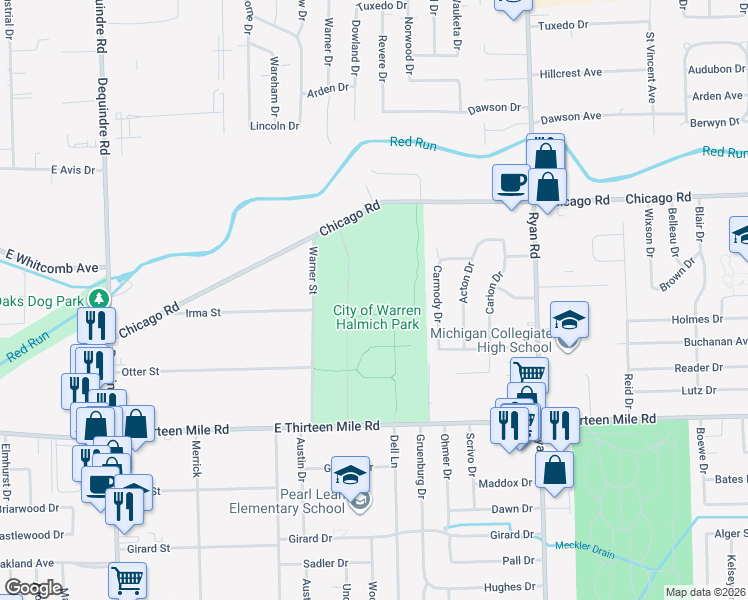 map of restaurants, bars, coffee shops, grocery stores, and more near 3001 East Thirteen Mile Road in Warren