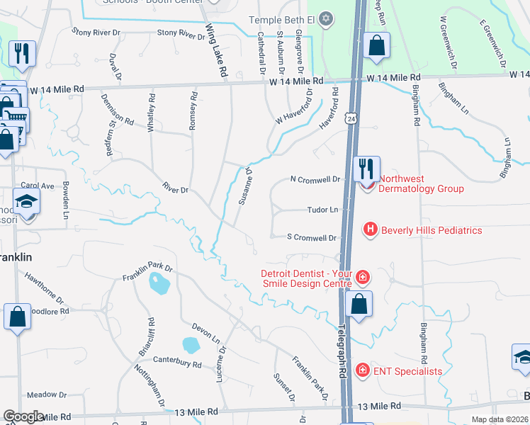 map of restaurants, bars, coffee shops, grocery stores, and more near 24940 South Cromwell Drive in Franklin