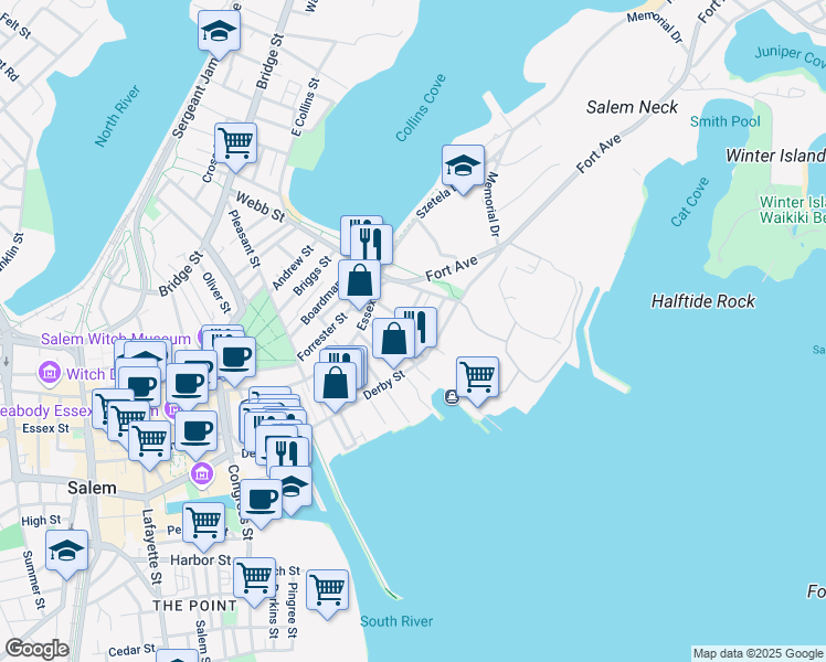 map of restaurants, bars, coffee shops, grocery stores, and more near 74 Derby Street in Salem