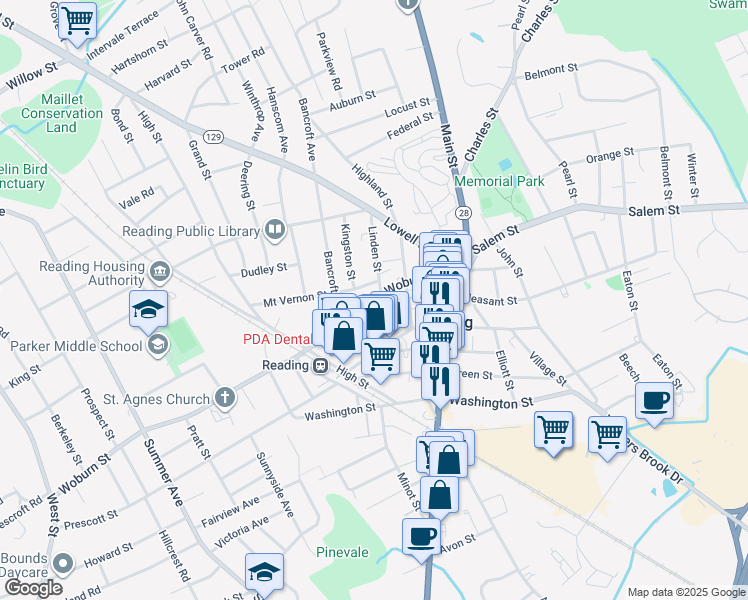 map of restaurants, bars, coffee shops, grocery stores, and more near 57 Woburn Street in Reading