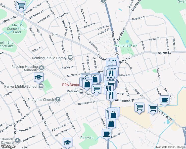 map of restaurants, bars, coffee shops, grocery stores, and more near 57 Woburn Street in Reading