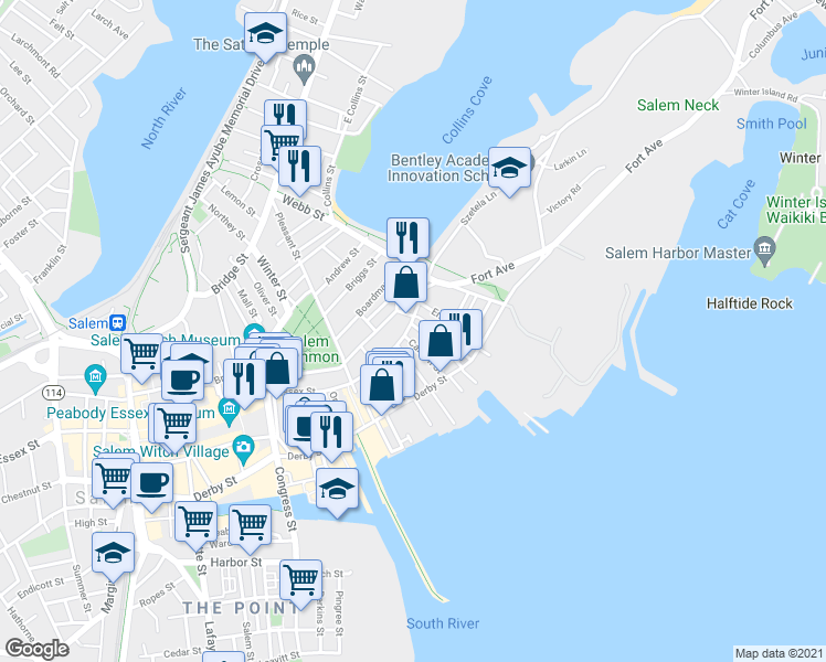 map of restaurants, bars, coffee shops, grocery stores, and more near 41 Forrester Street in Salem