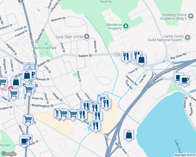 map of restaurants, bars, coffee shops, grocery stores, and more near 54 Azalea Circle in Reading