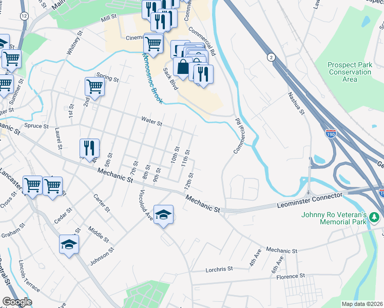 map of restaurants, bars, coffee shops, grocery stores, and more near 108 11th Street in Leominster