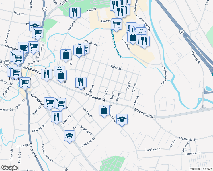 map of restaurants, bars, coffee shops, grocery stores, and more near 212 Spruce Street in Leominster