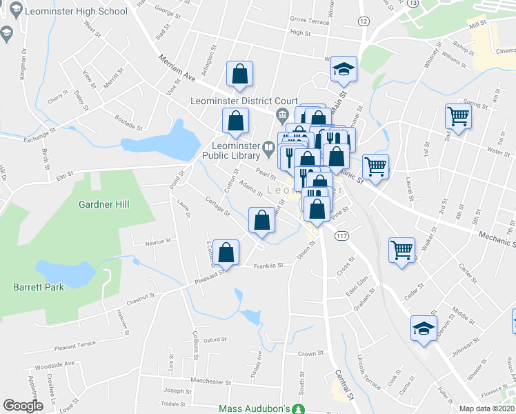 map of restaurants, bars, coffee shops, grocery stores, and more near 108 Adams Street in Leominster