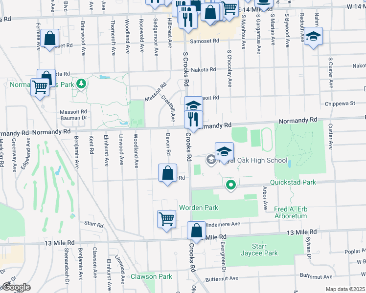 map of restaurants, bars, coffee shops, grocery stores, and more near 4091 Crooks Road in Royal Oak