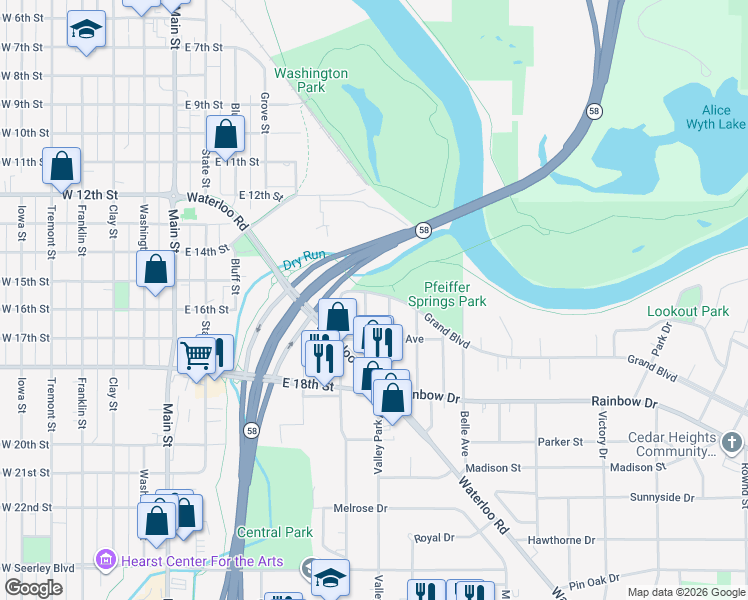 map of restaurants, bars, coffee shops, grocery stores, and more near 721 Grand Boulevard in Cedar Falls
