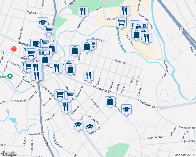 map of restaurants, bars, coffee shops, grocery stores, and more near 150 4th Street in Leominster