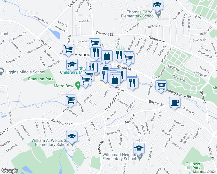 map of restaurants, bars, coffee shops, grocery stores, and more near 3 Littles Lane in Peabody