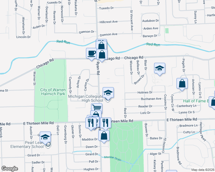 map of restaurants, bars, coffee shops, grocery stores, and more near 4051 Derray Court in Warren