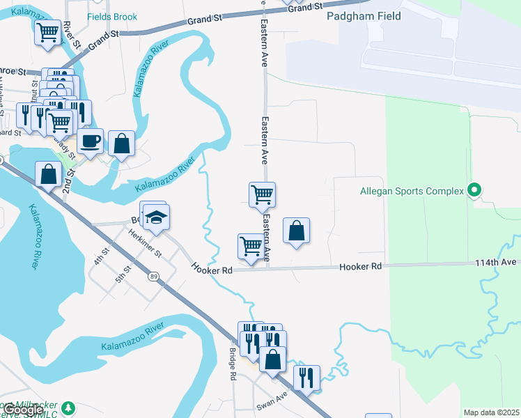 map of restaurants, bars, coffee shops, grocery stores, and more near 500 Streeter Street in Allegan