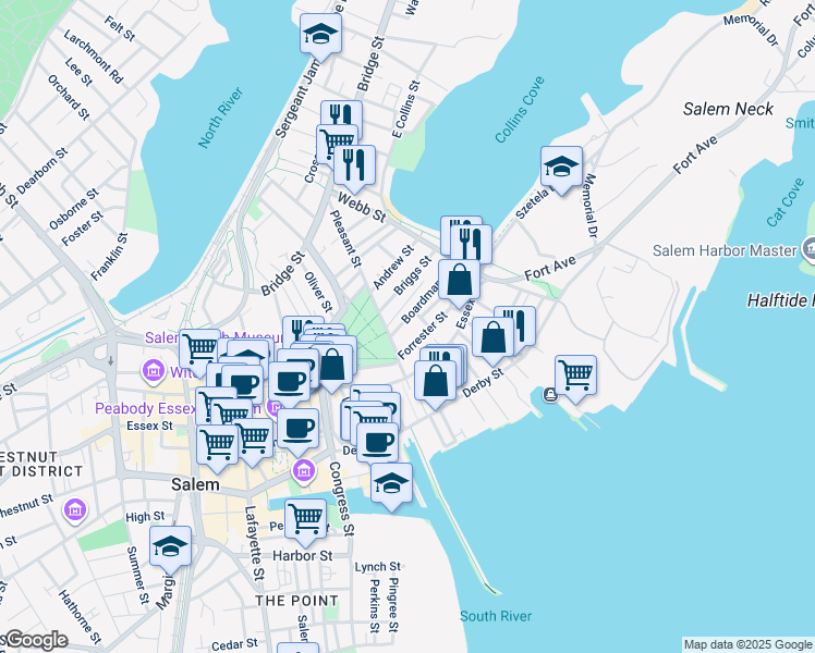 map of restaurants, bars, coffee shops, grocery stores, and more near 4 Boardman Street in Salem
