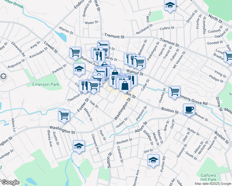 map of restaurants, bars, coffee shops, grocery stores, and more near 2 Littles Lane in Peabody