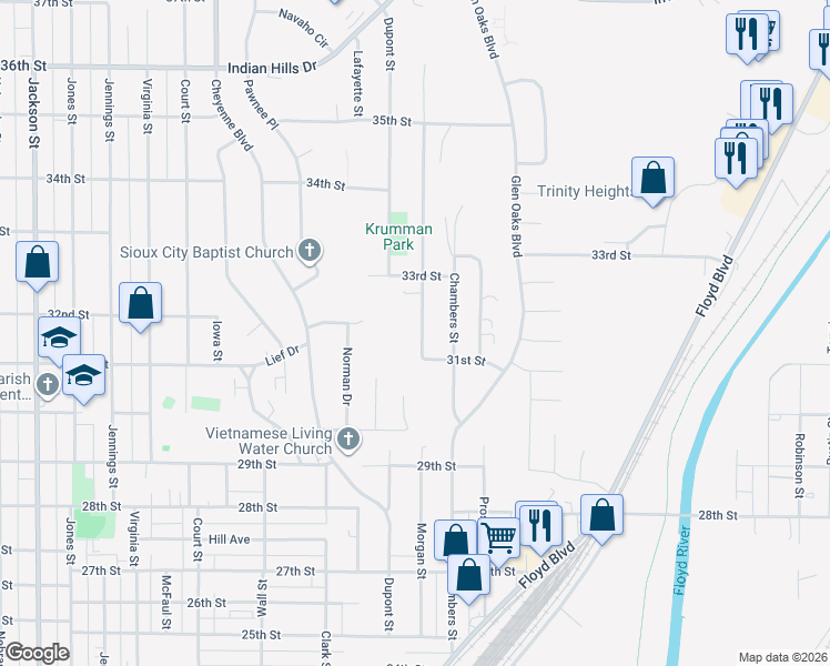 map of restaurants, bars, coffee shops, grocery stores, and more near 3100-3298 Morgan Street in Sioux City