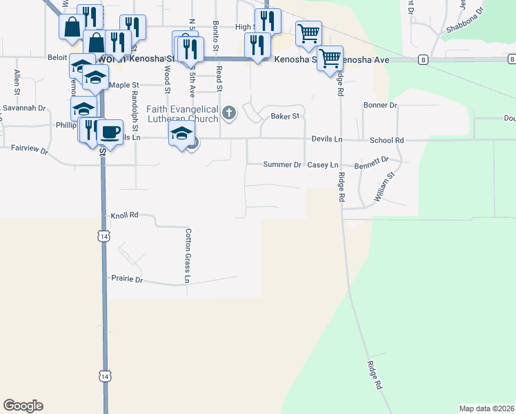 map of restaurants, bars, coffee shops, grocery stores, and more near Autumn Drive in Walworth