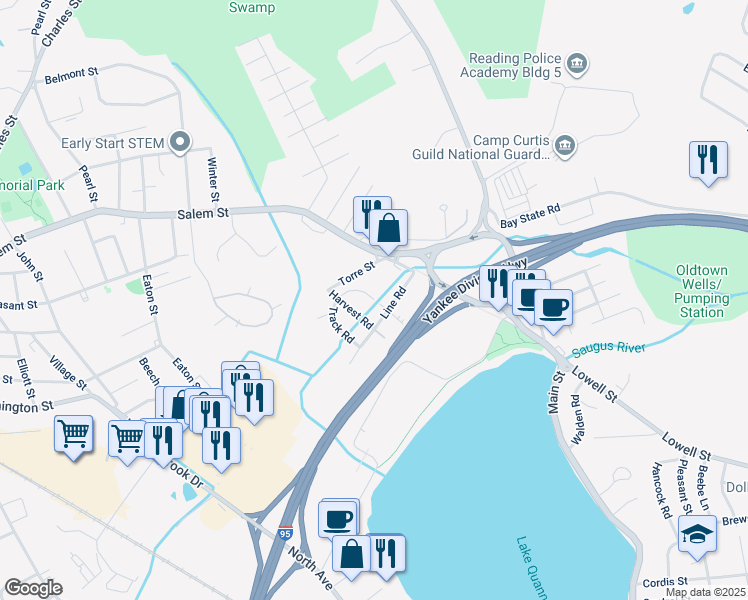 map of restaurants, bars, coffee shops, grocery stores, and more near 1 Track Road in Reading