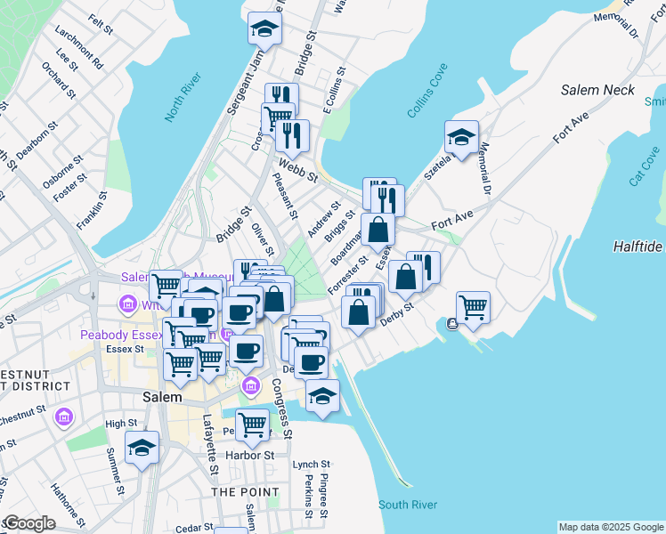 map of restaurants, bars, coffee shops, grocery stores, and more near 13 Boardman Street in Salem