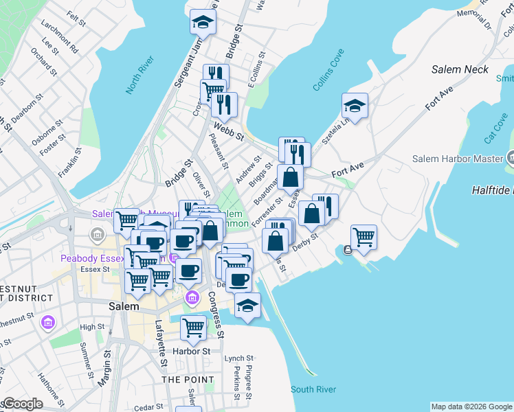 map of restaurants, bars, coffee shops, grocery stores, and more near 6 Boardman Street in Salem