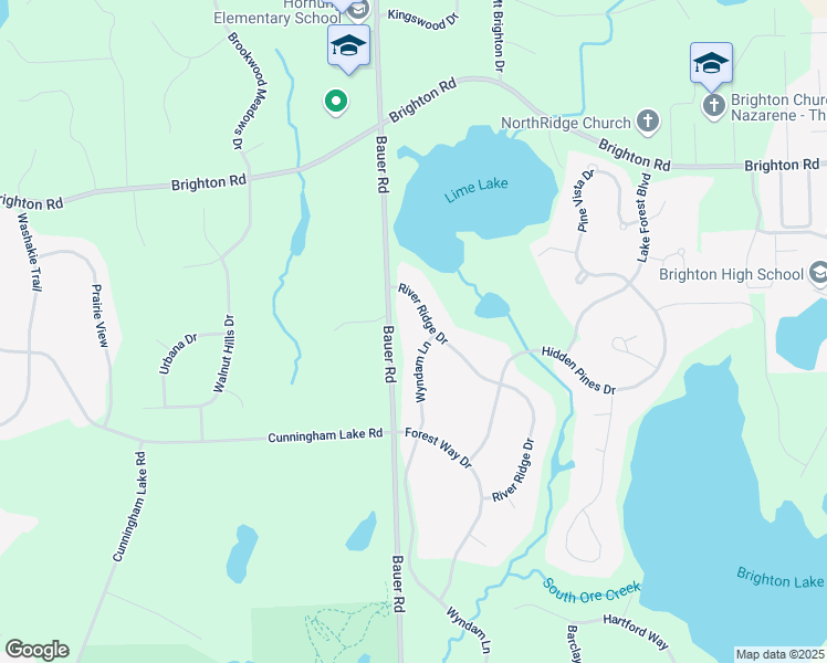map of restaurants, bars, coffee shops, grocery stores, and more near 5190 River Ridge Drive in Brighton